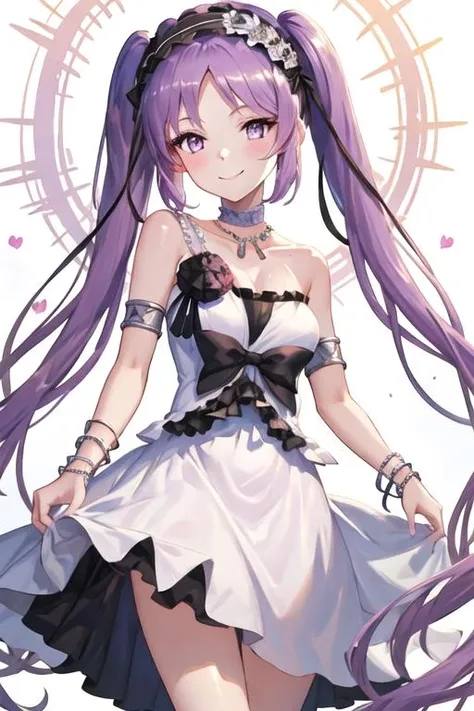 best quality, masterpiece, highres, solo, {euryale_fgo:1.15}, long_hair, purple_hair, twintails, hairband, purple_eyes, lolita_hairband, very_long_hair, bangs, jewelry, blush, smile, collarbone, breasts, 1girl, bare_shoulders, black_bow, bow, dress, flower, frilled_hairband, frills, looking_at_viewer, sleeveless, white_dress, armlet, necklace, sleeveless_dress, white_background, white_flower, closed_mouth, bracelet, small_breasts