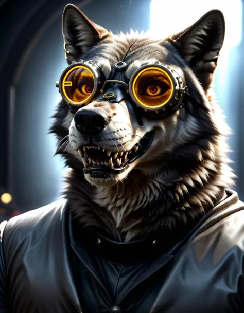 cinematic film still Hyperrealistic art detailed photo of a evil scientist,wolf,,fangs, cyberpunk, mask, wrathful eyes, open mouth, dark science lab, steampunk sun glasses, dark atmosphere, Homunculus, hyperrealistic, paws, detailed fur . Extremely high-resolution details, photographic, realism pushed to extreme, fine texture, incredibly lifelike, high quality photography, 3 point lighting, flash with softbox, 4k, Canon EOS R3, hdr, smooth, sharp focus, high resolution, award winning photo, 80mm, f2.8, bokeh . shallow depth of field, vignette, highly detailed, high budget, bokeh, cinemascope, moody, epic, gorgeous, film grain, grainy