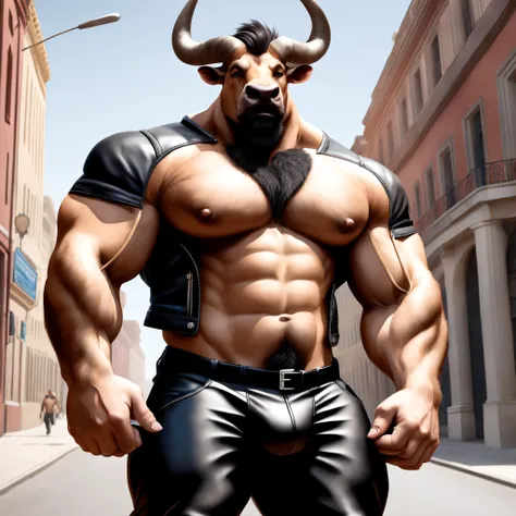 (masterpiece,best quality,ultra_detailed,highres,absurdres:1.2), cowboy shot digital art by pockyrumz of a (huge) (muscular) (roided) (pumped up) (hairy) anthro furry anthropomorphic (bull minotaur) biker (minotaur bull biker strongman powerlifter) wearing a (black leather pants and unbuttoned black leather jacket) with bare chest standing on empty street, (minotaur), (bull), (biker), powerlifter, strongman, stocky, burly, (black leather pants), (unbuttoned black leather jacket), (jacket), (bull head), (minotaur head), (furry body), (fluffy body), (black chest tuft), (chest tuft), (black arm tuft), (arm tuft), (white fur), (hairy), (horns), (bull horns), (minotaur horns), (thick pectorals), (mohawk), (mohawk hairstyle), (black mohawk), (large pectorals), (hairy chest), (thick pectorals), (large pectorals), (huge biceps), (huge pectorals), (veiny muscles), (veiny biceps), (chest hair), (black chest hair), (body hair), (hairy body), (black body hair), (thick), (thicc), solo focus, cowboy shot, the upper body, the upper part of the body, handsome, sexy, hot, 4k, high res, masterpiece, official art, official poster, hyperrealism, hyperrealistic art, digital art, extremely intricate, extremely detailed CG unity 8k wallpaper, artbook, Expressive Hues, Vibrant Palette, art by Greg Rutkowski, by dsharp, by nullghost, by zoroj, photorealistic, photorealism, UHD 8k focus stacking, SimplepositiveXLv1