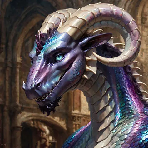 a reference image of a dragon with scales that shine like an opal,iridescent eyes,curly ram-like horns,painterly,textured brushstrokes,realistic rendering, expressive face and eyes ,elegant, graceful, dynamic,accurate anatomy,professional art,creative,(SimplePositiveXLv2:1)