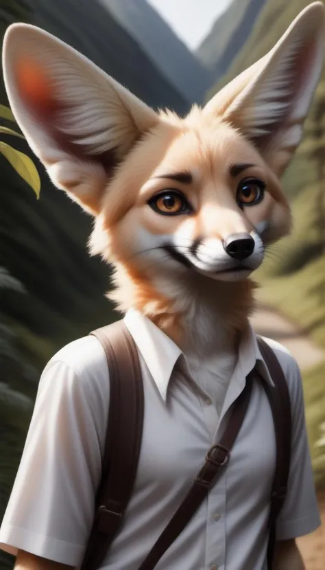 real e621, , mammal, canid, fur, canine, solo, white body, fennec fox, whiskers, white fur, plant, leaf, clothing, anthro, tuft, ambiguous gender, hi res, detailed background, clothed, inner ear fluff, black nose, topwear, portrait, looking at viewer, nature, bust portrait, fluffy, fox, outside, front view, shirt, brown eyes, multicolored body