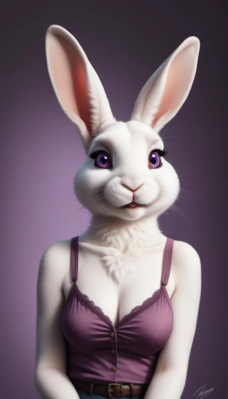 real e621, , anthro, solo, lagomorph, clothing, mammal, female, leporid, rabbit, fur, portrait, purple eyes, clothed, hi res, pink nose, topwear, bust portrait, white body, looking at viewer, simple background, lighting, tuft, white fur