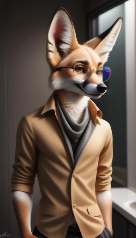 real e621, mammal, eyewear, canid, anthro, canine, glasses, solo, clothing, fox, fur, clothed, fennec, whiskers, reflection, looking at viewer, inner ear fluff, black nose, male, tuft, hi res