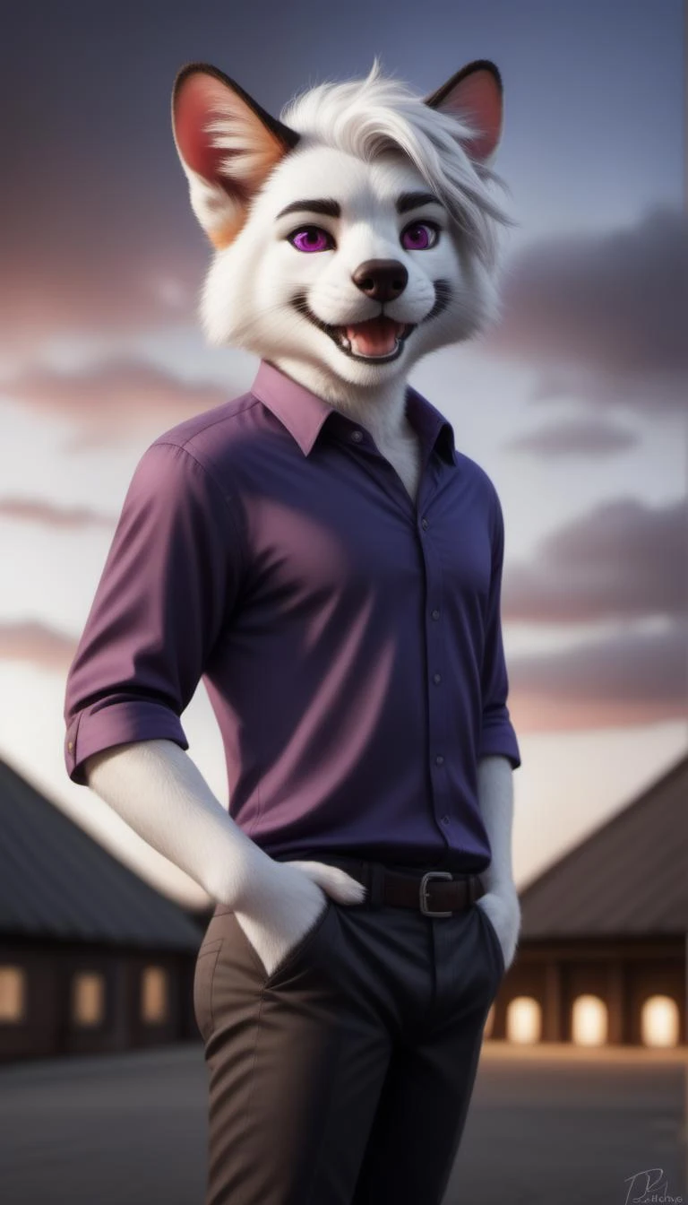 real e621, , mammal, anthro, blurred background, male, purple body, hi res, fur, purple fur, red eyes, clothing, topwear, detailed background, solo, hair, white fur, felid, facial hair, white hair, white body, shirt, beard, looking at viewer, clothed, multicolored body, standing, multicolored fur, whiskers, biped, smile, holding object, fluffy