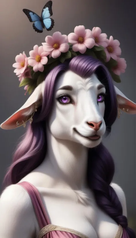 real e621, , mammal, anthro, hair, goat, female, plant, whiskers, purple eyes, flower, fur, clothing, feline, simple background, hair accessory, ambiguous gender, piercing, looking at viewer, felid, clothed, pink nose, ear piercing, flower in hair, lepidopteran, floral, accessory, felis, domestic cat, white body, solo, butterfly, pink hair, flower crown