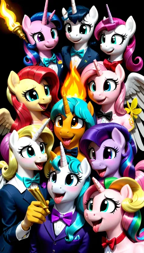 bow tie, clothed, clothing, female, feral, group, high-angle view, horn, male, open mouth, open smile, smile, tongue, wings, equid, equine, mammal, pegasus, unicorn, big macintosh (mlp), fluttershy (mlp), rarity (mlp), toe-tapper (mlp), torch song (mlp), friendship is magic, hasbro, my little pony, shadowsn25, 4 3, hi res