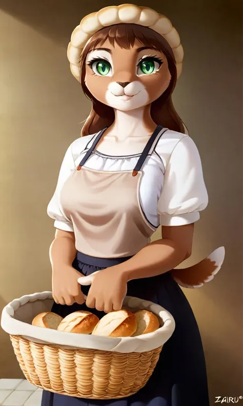 anthro, basket, bread, clothing, container, female, food, green eyes, solo, aoizuri, 2020, hi res