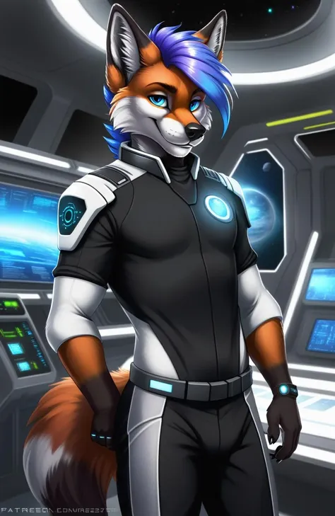 anthro, canid, canine, canis, clothed, clothing, fox, fur, futuristic, hair, male, mammal, science fiction, shaded, smile, solo, zorryn