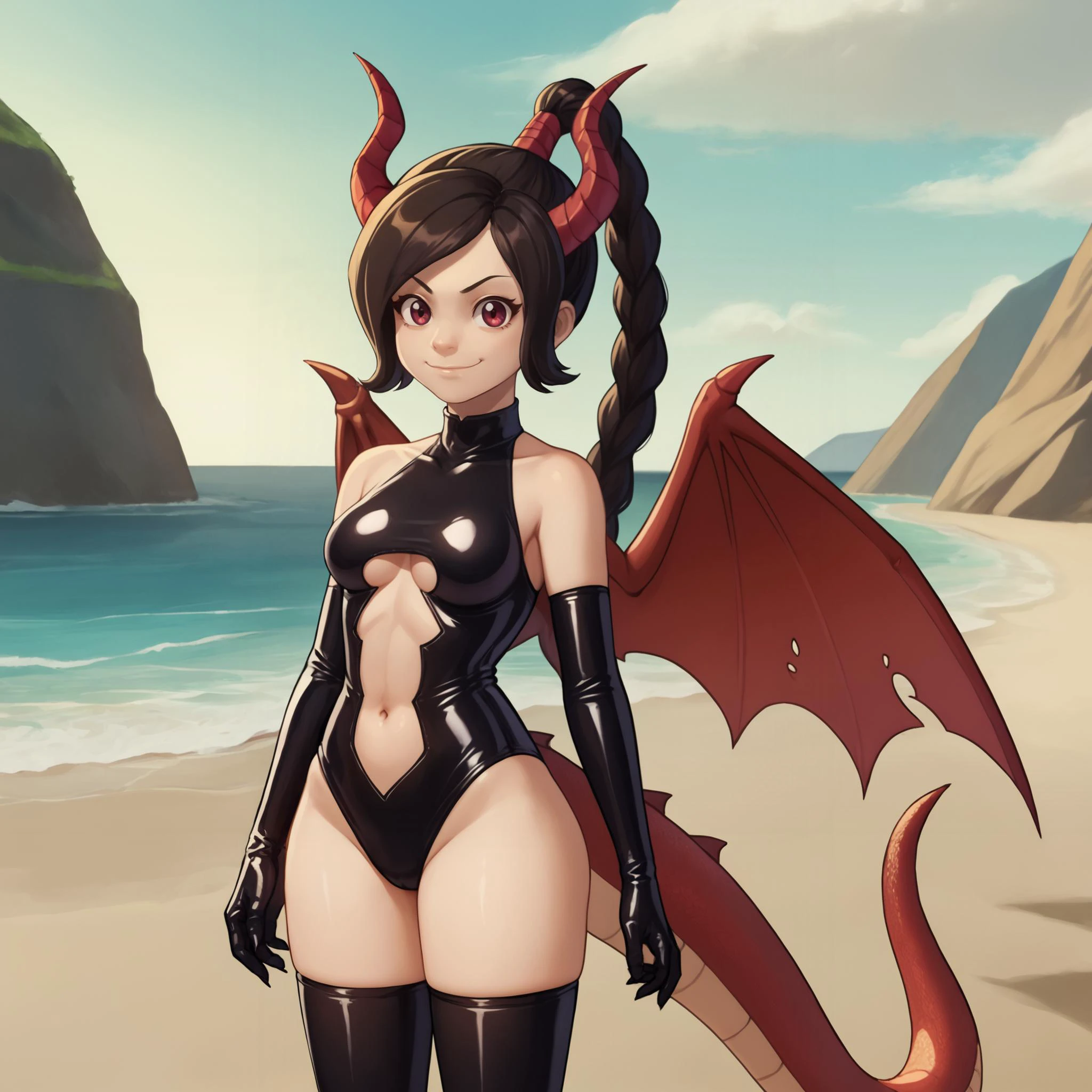 score_9, score_8_up, score_7_up, source_anime,
corrupted tylee, medium breasts, evil smile, armored latex princess, dragonified, armor, stomach cutout, bare shoulders, elbow gloves, thighhighs,
beach, ocean, standing, cowboy shot, solo, <lora:latex-princess3-005:0.8> <lora:TyleeXL:0.6>