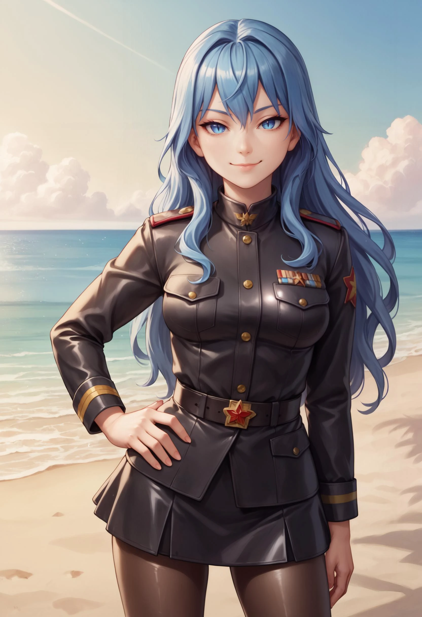 zPDXL, 1girl BREAK
liselotte, blue hair, long hair, blue eyes, sidelocks, closed mouth, slit pupils,
black Soviet Military uniform, short skirt, pantyhose, latex military uniform,
seductive smile, looking at viewer, hand on own hip,
standing, cowboy shot,
beach,
<lora:liselotte-ot-pony3-006:0.6> <lora:Pony Soviet Military uniform:0.4> <lora:latex-princess3-005:0.6>