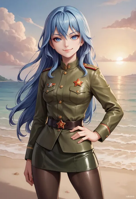 zPDXL, 1girl BREAK
liselotte, blue hair, long hair, blue eyes, sidelocks, closed mouth, slit pupils, 
Soviet Military uniform, short skirt, pantyhose, latex military uniform, 
seductive smile, looking at viewer, hand on own hip,
standing, cowboy shot, 
beach,
 <lora:liselotte-ot-pony3-006:0.6>  <lora:Pony Soviet Military uniform:0.4> <lora:latex-princess3-005:0.6>