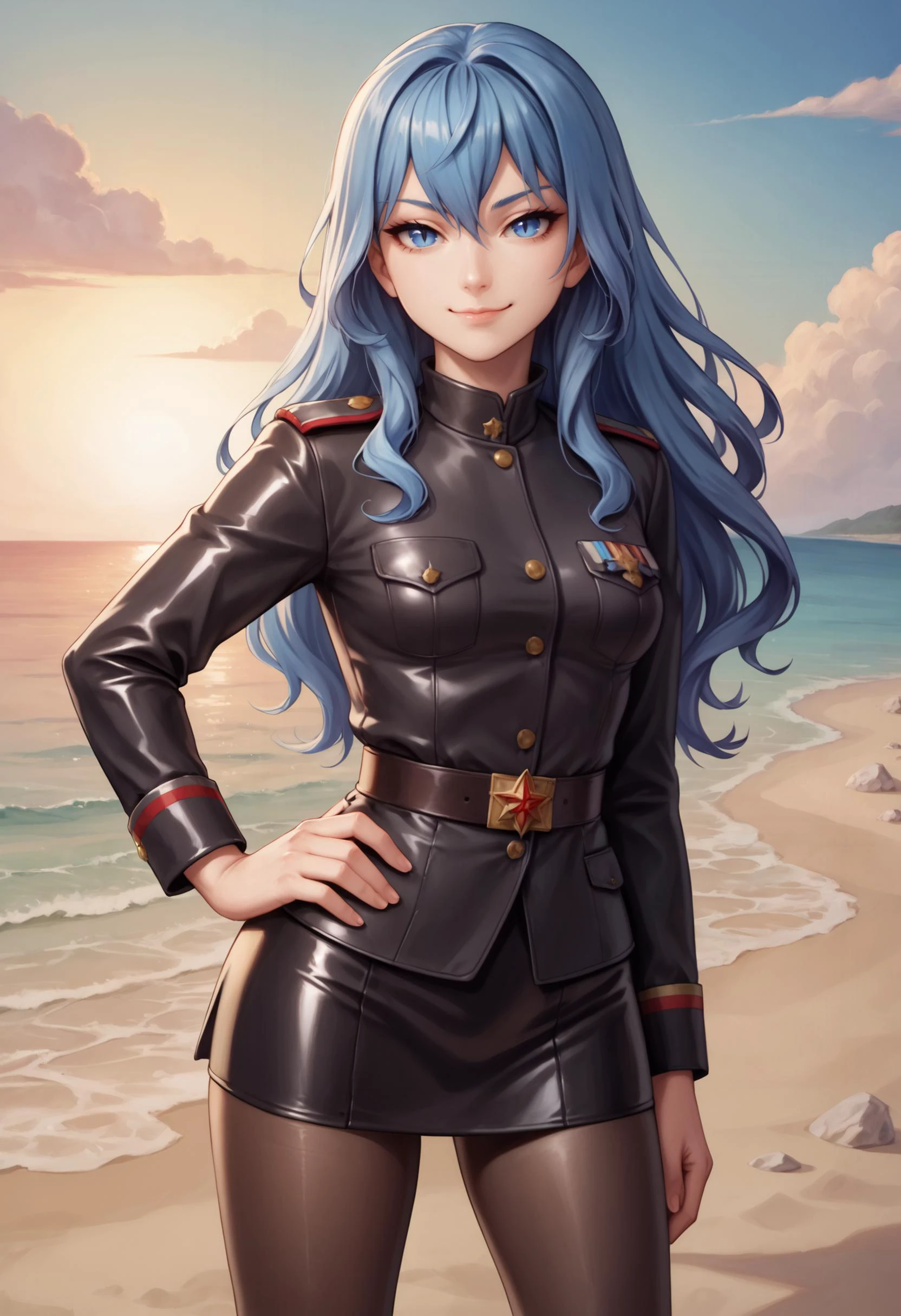 zPDXL, 1girl BREAK
liselotte, blue hair, long hair, blue eyes, sidelocks, closed mouth, slit pupils,
black Soviet Military uniform, short skirt, pantyhose, latex military uniform,
seductive smile, looking at viewer, hand on own hip,
standing, cowboy shot,
beach,
<lora:liselotte-ot-pony3-006:0.6> <lora:Pony Soviet Military uniform:0.4> <lora:latex-princess3-005:0.6>