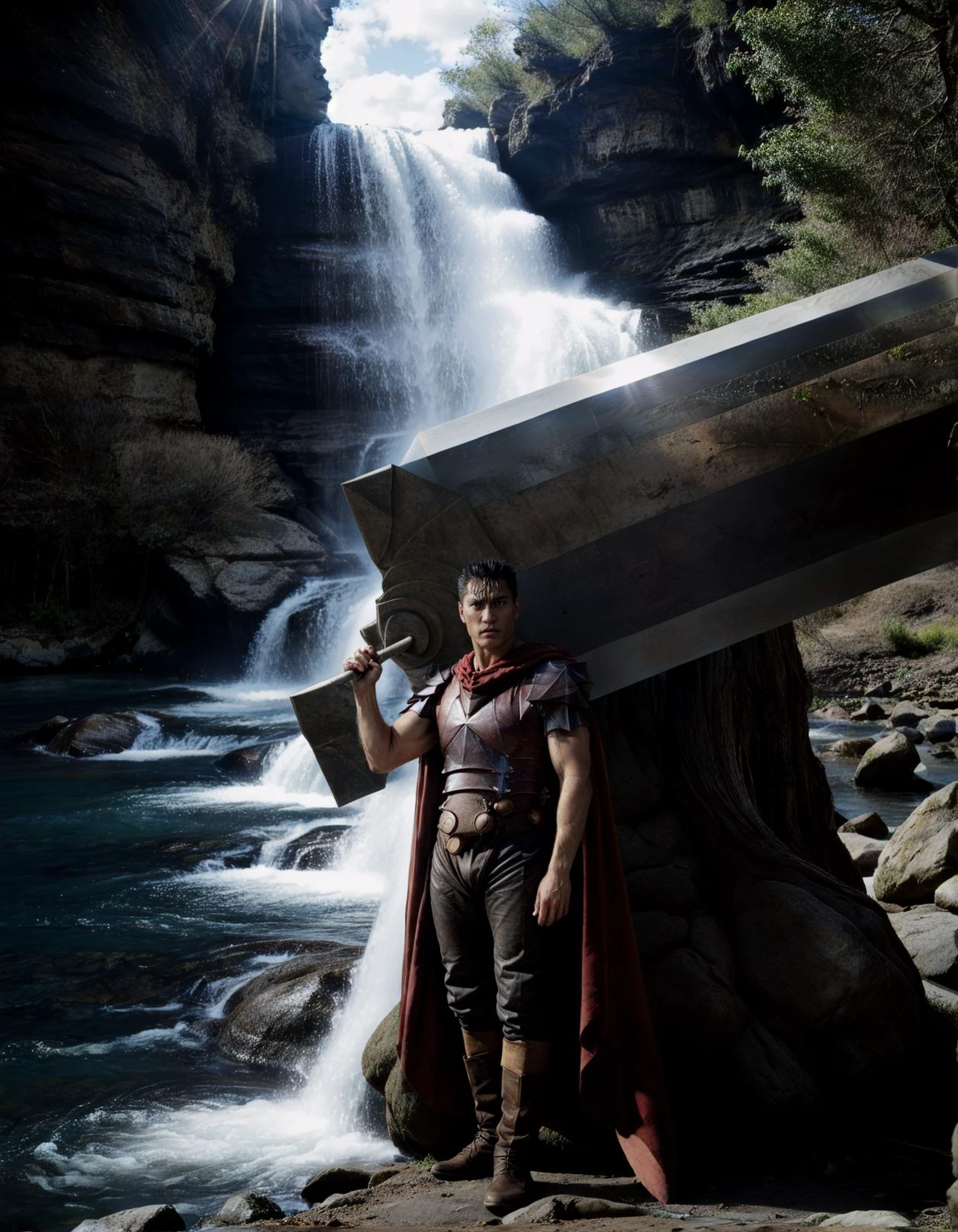 photo of a muscular male, (guts \(berserk\):1.2), scar on face, short hair, black hair with white chunk, shoulder armor, (red cape:1.1), (holding a giant sword:1.4), (beautiful scenery, crevasse, stream, basin, waterfall, canyon, majestic:1.2), symmetrical composition, (dappled light:1.2), crepuscular rays, dark corners, ultra detailed, 8k, uhd, large depth of field, highly detailed, moody, epic wide composition, gorgeous, film grain, analog photograph, (the character guts from berserk:1.1), guts \(armor\), armor BREAK photo of (guts \(berserk\):1.1), (holding a giant sword:1.4) BREAK wide shot photo of (guts \(berserk\):1.1), (holding dragon slayer sword:1.4), guts \(armor\), armor, shoulder armor, red cape, <lora:add_detail:0.9> <lora:berserk_guts:1.0> <lora:Guts_05:0.2>