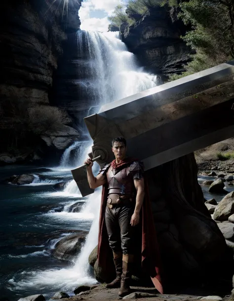 photo of a muscular male, (guts \(berserk\):1.2), scar on face, short hair, black hair with white chunk, shoulder armor, (red cape:1.1), (holding a giant sword:1.4), (beautiful scenery, crevasse, stream, basin, waterfall, canyon, majestic:1.2), symmetrical composition, (dappled light:1.2), crepuscular rays, dark corners, ultra detailed, 8k, uhd, large depth of field, highly detailed, moody, epic wide composition, gorgeous, film grain, analog photograph, (the character guts from berserk:1.1), guts \(armor\), armor BREAK photo of (guts \(berserk\):1.1), (holding a giant sword:1.4) BREAK wide shot photo of (guts \(berserk\):1.1), (holding dragon slayer sword:1.4), guts \(armor\), armor, shoulder armor, red cape, <lora:add_detail:0.9> <lora:berserk_guts:1.0> <lora:Guts_05:0.2>