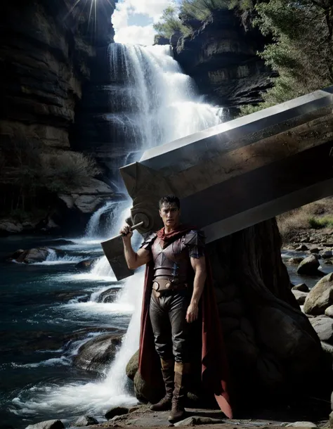 photo of a muscular male, (guts \(berserk\):1.2), scar on face, short hair, black hair with white chunk, shoulder armor, (red cape:1.1), (holding a giant sword:1.4), (beautiful scenery, crevasse, stream, basin, waterfall, canyon, majestic:1.2), symmetrical composition, (dappled light:1.2), crepuscular rays, dark corners, ultra detailed, 8k, uhd, large depth of field, highly detailed, moody, epic wide composition, gorgeous, film grain, analog photograph, (the character guts from berserk:1.1), guts \(armor\), armor BREAK photo of (guts \(berserk\):1.1), (holding a giant sword:1.4) BREAK wide shot photo of (guts \(berserk\):1.1), (holding dragon slayer sword:1.4), guts \(armor\), armor, shoulder armor, red cape, <lora:add_detail:0.9> <lora:berserk_guts:1.0> <lora:Guts_05:0.2>
