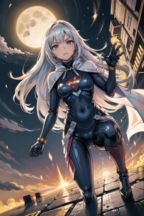 1girl, silver hair,long hair,night,full moon,(hero landing position:1.4),from below,ground pov,superman suit,cape,
,a \(xenoblade\),
 <lora:A-v1.0-000020_0.4:0.7>