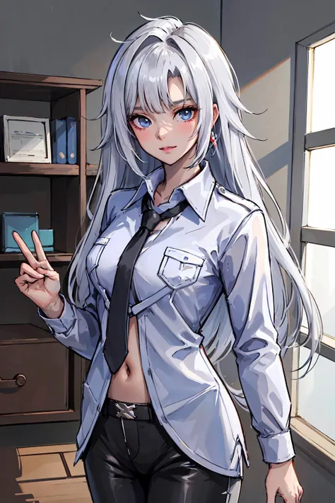 a \(xenoblade\), 1girl,absurdres, bangs, indoors, black necktie, black pants, collared shirt, cowboy shot, highres, long hair, long sleeves, necktie, shirt, sidelocks, solo, uniform, white shirt,