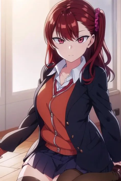 izuminogami, <lyco:izuminogami-lyco-nochekaiser:1>,
izumi nogami, red hair, one side up, medium hair, scrunchie, (red eyes:1.5),
BREAK skirt, school uniform, pleated skirt, shoes, socks, cardigan, brown cardigan,
BREAK looking at viewer,
BREAK indoors, classroom,
BREAK <lora:GoodHands-vanilla:1>, (masterpiece:1.2), best quality, high resolution, unity 8k wallpaper, (illustration:0.8), (beautiful detailed eyes:1.6), extremely detailed face, perfect lighting, extremely detailed CG, (perfect hands, perfect anatomy),