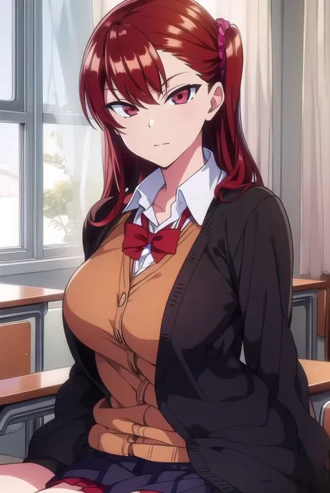 anime vibe,
makima \(chainsaw man\) undresses, changes clothes, visible bra, black office skirt, necktie,
red hair, long braided hair, golden eyes, bangs, medium breasts, <lora:makima_offset:1>,
webcam footage, <lora:webcams:1>,