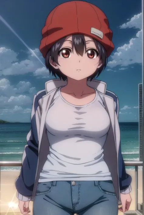 fuukoizumo, <lora:fuuko izumo s1-lora-nochekaiser:1>,
fuuko izumo, black hair, hair between eyes, (brown eyes:1.5), short hair,
BREAK shirt, white shirt, jacket, open jacket, pants, denim, beanie, (red beanie:1.2),
BREAK outdoors, city, sky, clouds, sun,
BREAK looking at viewer, (cowboy shot:1.5),
BREAK <lyco:GoodHands-beta2:1>, (masterpiece:1.2), best quality, high resolution, unity 8k wallpaper, (illustration:0.8), (beautiful detailed eyes:1.6), extremely detailed face, perfect lighting, extremely detailed CG, (perfect hands, perfect anatomy),