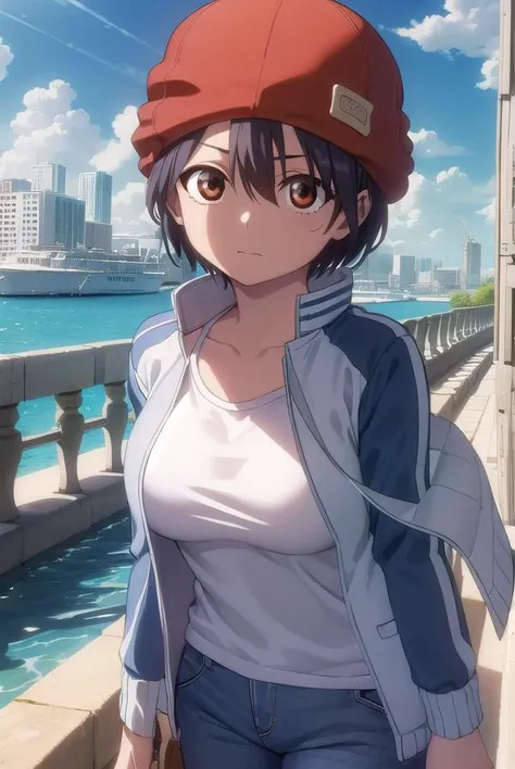 fuukoizumo, <lora:fuuko izumo s1-lora-nochekaiser:1>,
fuuko izumo, black hair, hair between eyes, (brown eyes:1.5), short hair,
BREAK shirt, white shirt, jacket, open jacket, pants, denim, beanie, (red beanie:1.2),
BREAK outdoors, city, sky, clouds, sun,
BREAK looking at viewer, (cowboy shot:1.5),
BREAK <lyco:GoodHands-beta2:1>, (masterpiece:1.2), best quality, high resolution, unity 8k wallpaper, (illustration:0.8), (beautiful detailed eyes:1.6), extremely detailed face, perfect lighting, extremely detailed CG, (perfect hands, perfect anatomy),