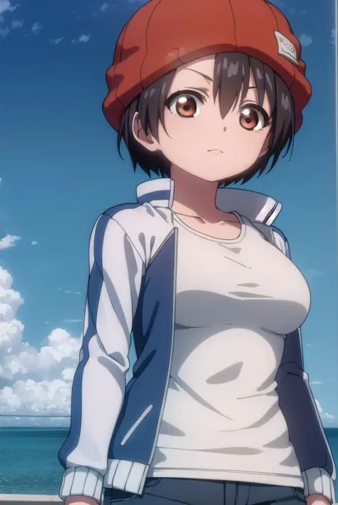 fuukoizumo, <lora:fuuko izumo s1-lora-nochekaiser:1>,
fuuko izumo, black hair, hair between eyes, (brown eyes:1.5), short hair,
BREAK shirt, white shirt, jacket, open jacket, pants, denim, beanie, (red beanie:1.2),
BREAK outdoors, city, sky, clouds, sun,
BREAK looking at viewer, (cowboy shot:1.5),
BREAK <lyco:GoodHands-beta2:1>, (masterpiece:1.2), best quality, high resolution, unity 8k wallpaper, (illustration:0.8), (beautiful detailed eyes:1.6), extremely detailed face, perfect lighting, extremely detailed CG, (perfect hands, perfect anatomy),