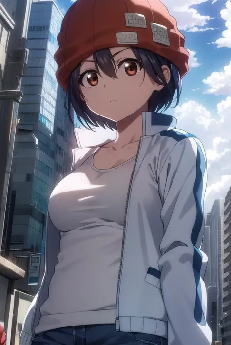 fuukoizumo, <lora:fuuko izumo s1-lora-nochekaiser:1>,
fuuko izumo, black hair, hair between eyes, (brown eyes:1.5), short hair,
BREAK shirt, white shirt, jacket, open jacket, pants, denim, beanie, (red beanie:1.2),
BREAK outdoors, city, sky, clouds, sun,
BREAK looking at viewer, (cowboy shot:1.5),
BREAK <lyco:GoodHands-beta2:1>, (masterpiece:1.2), best quality, high resolution, unity 8k wallpaper, (illustration:0.8), (beautiful detailed eyes:1.6), extremely detailed face, perfect lighting, extremely detailed CG, (perfect hands, perfect anatomy),