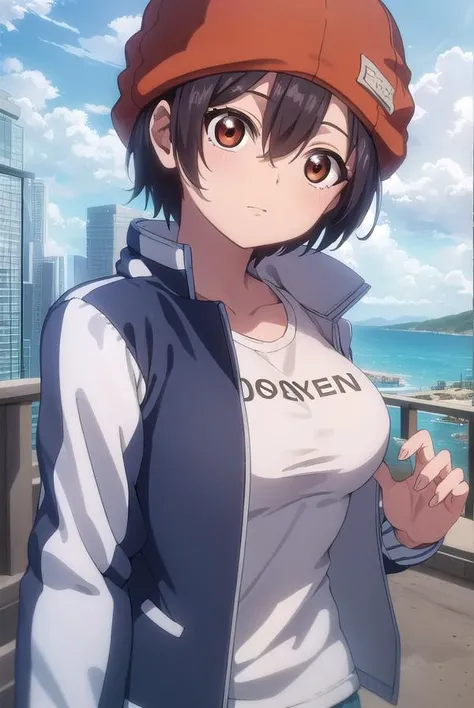 fuukoizumo, <lora:fuuko izumo s1-lora-nochekaiser:1>,
fuuko izumo, black hair, hair between eyes, (brown eyes:1.5), short hair,
BREAK shirt, white shirt, jacket, open jacket, pants, denim, beanie, (red beanie:1.2),
BREAK outdoors, city, sky, clouds, sun,
BREAK looking at viewer, (cowboy shot:1.5),
BREAK <lyco:GoodHands-beta2:1>, (masterpiece:1.2), best quality, high resolution, unity 8k wallpaper, (illustration:0.8), (beautiful detailed eyes:1.6), extremely detailed face, perfect lighting, extremely detailed CG, (perfect hands, perfect anatomy),
