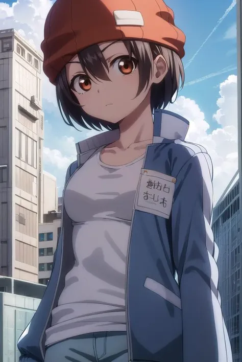 fuukoizumo, <lora:fuuko izumo s1-lora-nochekaiser:1>,
fuuko izumo, black hair, hair between eyes, (brown eyes:1.5), short hair,
BREAK shirt, white shirt, jacket, open jacket, pants, denim, beanie, (red beanie:1.2),
BREAK outdoors, city, sky, clouds, sun,
BREAK looking at viewer, (cowboy shot:1.5),
BREAK <lyco:GoodHands-beta2:1>, (masterpiece:1.2), best quality, high resolution, unity 8k wallpaper, (illustration:0.8), (beautiful detailed eyes:1.6), extremely detailed face, perfect lighting, extremely detailed CG, (perfect hands, perfect anatomy),