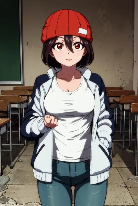 fuukoizumo, <lora:fuukoizumo-lora-nochekaiser:1>, fuuko izumo, black hair, hair between eyes, (brown eyes:1.5), short hair, BREAK shirt, white shirt, jacket, open jacket, pants, denim, beanie, (red beanie:1.2), BREAK looking at viewer, BREAK indoors, classroom, (cowboy shot:1.5), BREAK(masterpiece:1.2), best quality, high resolution, unity 8k wallpaper, (illustration:0.8), (beautiful detailed eyes:1.6), extremely detailed face, perfect lighting, extremely detailed CG, (perfect hands, perfect anatomy),