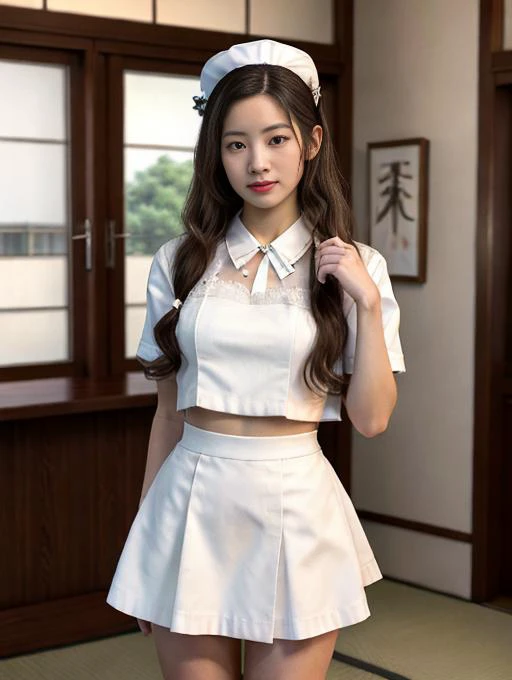 <lora:Hyper-SD15-8steps-lora:1>ultra realism, hyperrealism, beautiful girl japanese maid uniform, looking at camera,perfect hands, up skirt, white skin,full body ,mini skirt uhd,