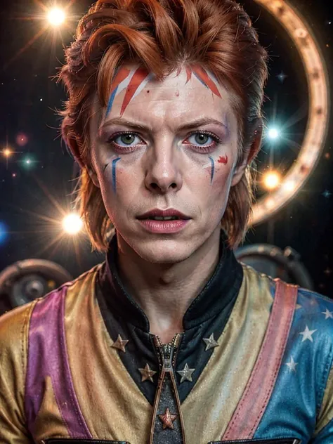 [David Bowie: Ziggy Stardust Makeup: Electric Guitar: Starman: Space Station Stage: Cosmic Nebula: 0.7], RAW photo, subject, (high detailed skin:1.2), 8k uhd, dslr, soft lighting, high quality<lora:Hyper-SD15-8steps-lora:1>