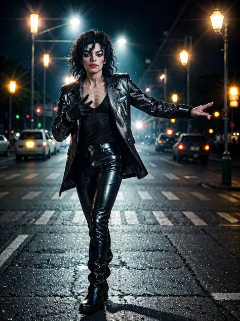 [Michael Jackson: Moonwalk Pose: Glittering Glove: Billie Jean: Streetlights Casting Shadows: 0.7], RAW photo, subject, (high detailed skin:1.2), 8k uhd, dslr, soft lighting, high quality<lora:Hyper-SD15-8steps-lora:1>