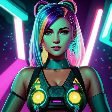 solo, 1girl, <lora:exocolonistpeople_:1>, (multicolored hair:1.36), cyberpunk 2077, analog style, woman, (neon lights in the city background:1.1), glowing colors, looking at viewer, naughty smile, symmetric, centered, closeup, feminine, athletic, fit, high, tan skin, european, minidress, excited, smile, glowsticks, disco, gold outline, [(colorful explosion psychedelic paint colors:1.1)::0.125], iridescent, chromatic aberration, studio lights, bright light, glowing skin, realistic body proportions, realistic, photo-realistic, 8k, highly detailed, led light, laser lights,fruit-flavored, (thepit bimbo:0.5), glossy, sexy, Selena Gomez