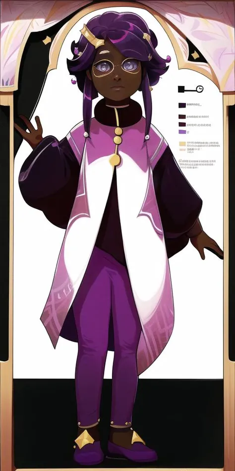masterpiece, beautiful, cute, <lora:exocolonistPeople:1>, full body, 1 girl, child, standing, facing camera,  open eyes, long purple hair, black skin, black coat, purple shirt, purple pants