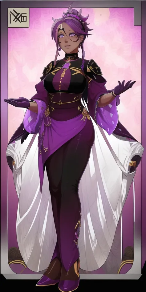 masterpiece, beautiful, detailed, <lora:exocolonistPeople:1>, full body, 1 woman, standing, facing camera, detailed face, multicolored eyes, purple eyes, perfect eyes, long purple hair, multicolored hair, black skinned female, black skin, (black coat:1), purple shirt, purple pants, black boots, 2 hands, 5 fingers per hand, 2 arms, 2 eyes