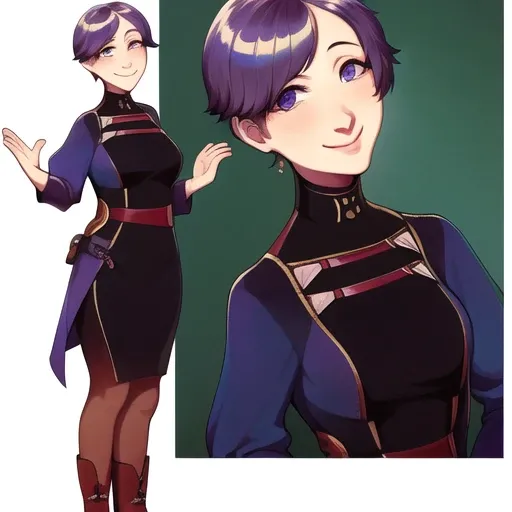masterpiece, beautiful, <lora:exocolonistPeople:1>, (((1 woman))), standing, 2 eyes, open eyes, smiling, short hair, boots, dress, facing front, looking at viewer, simple background, beautiful eyes