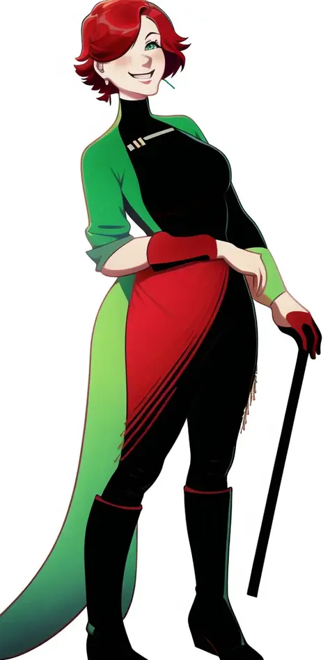 <lora:exocolonistPeople:1>, 1woman, standing, short red hair, green shirt, black boots, looking at viewer, smiling, full body, white background, science fiction, scientist