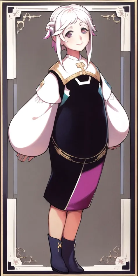 masterpiece, beautiful, <lora:exocolonistPeople:0.9>, white background, full body, (((1 girl))), standing, facing forward, 2 eyes, mutlicolored eyes, open eyes, symmetrical eyes, smiling, short hair, boots, shirt,beautiful eyes, shiny hair, white hair, big sleeves