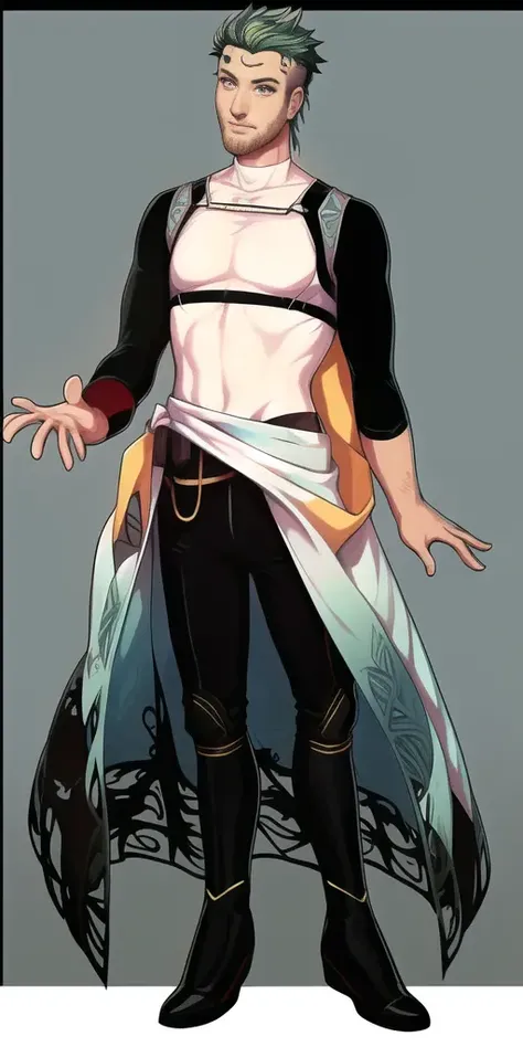 masterpiece, beautiful, detailed, <lora:exocolonistPeople:1>, full body, 1 man, male focus, young adult, farmer, standing, facing camera, detailed face, multicolored eyes, green eyes, perfect eyes, shaved green hair, black skin, (black coat:1), white t-shirt, black pants, black boots, 2 hands, 5 fingers per hand, 2 arms, 2 eyes, simple background