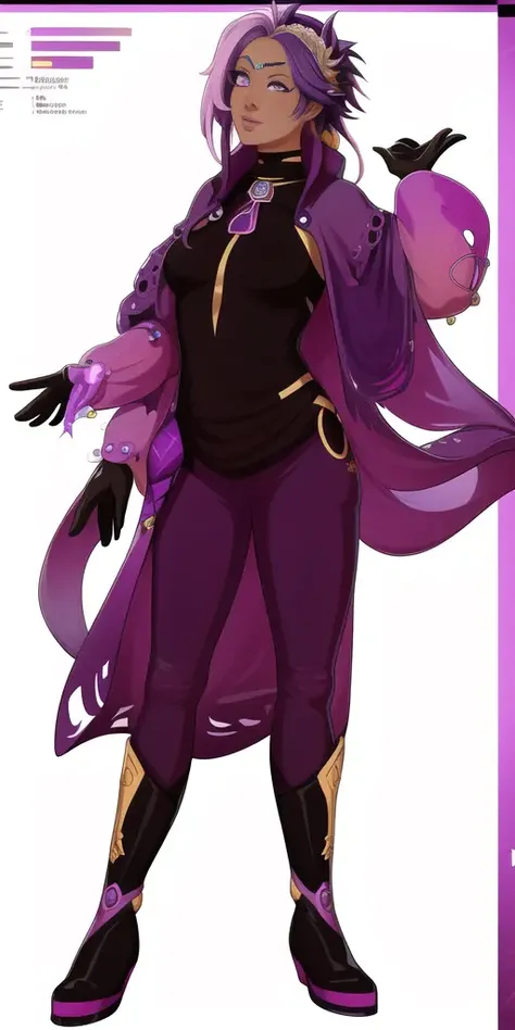 masterpiece, beautiful, detailed,  <lora:exocolonistPeople:1>, full body, 1 woman, standing, facing camera, detailed face, multicolored eyes, purple eyes, perfect eyes, long purple hair, multicolored hair, black skinned female, black skin, (black coat:1), purple shirt, purple pants, black boots, 2 hands, 5 fingers per hand, 2 arms, 2 eyes, simple background