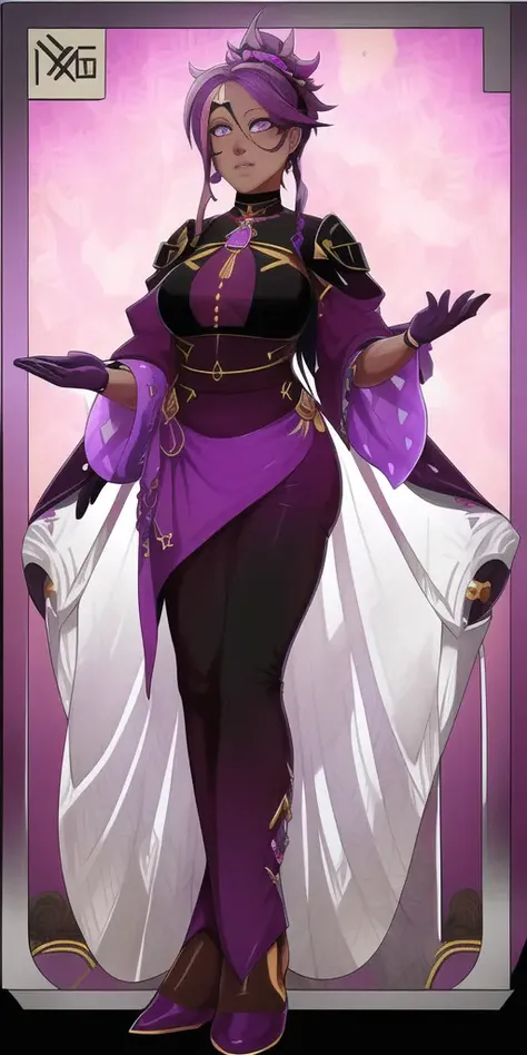 masterpiece, beautiful, detailed,  <lora:exocolonistPeople:1>, full body, 1 woman, standing, facing camera, detailed face, multicolored eyes, purple eyes, perfect eyes, long purple hair, multicolored hair, black skinned female, black skin, (black coat:1), purple shirt, purple pants, black boots, 2 hands, 5 fingers per hand, 2 arms, 2 eyes