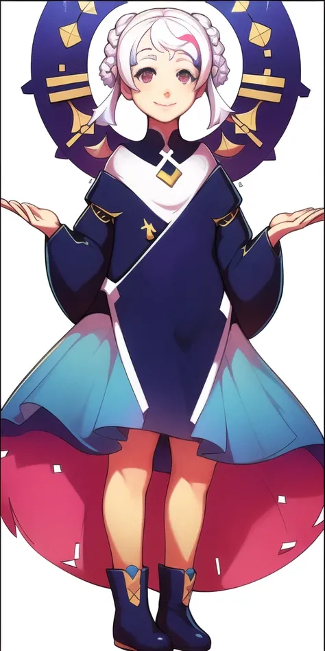 masterpiece, beautiful, <lora:exocolonistPeople:0.9>, white background, full body, (((1 girl))), standing, 2 eyes, open eyes, symmetrical eyes, smiling, short hair, boots, shirt,beautiful eyes, shiny hair, white hair, big sleeves, colorful eyes, multicolored eyes