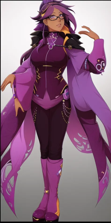 masterpiece, beautiful, detailed,  <lora:exocolonistPeople:1>, full body, 1 woman, standing, facing camera, detailed face, multicolored eyes, purple eyes, square glasses, long purple hair, multicolored hair, black skinned female, (black coat:1), purple shirt, purple pants, black boots, 2 hands, 5 fingers per hand