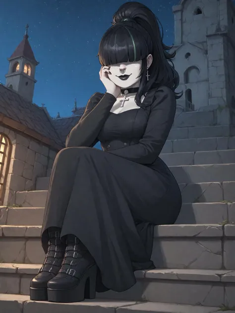 zPDXL2, outdoors, night, abandoned mansion, 1girl, <lora:elisehtp-guy-PON-LyCORIS-Yv1:1> elisehtp, hair over eyes, blunt bangs, freckles, white skin, black lips, nose ring, black nails, ponytail, streaked hair, cross earrings, black choker, black dress, gothic clothes, looking at viewer, sitting, from below, cowboy shot, platform shoes, smile, hand on cheek,