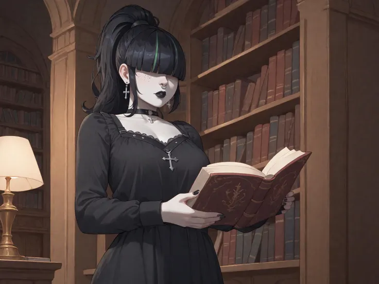 zPDXL2, indoors, night, mansion, 1girl, <lora:elisehtp-guy-PON-LyCORIS-Yv1:1> elisehtp, hair over eyes, blunt bangs, freckles, white skin, black lips, nose ring, black nails, ponytail, streaked hair, cross earrings, black choker, black nightgown, gothic clothes, library, reading book, leaning on wall,