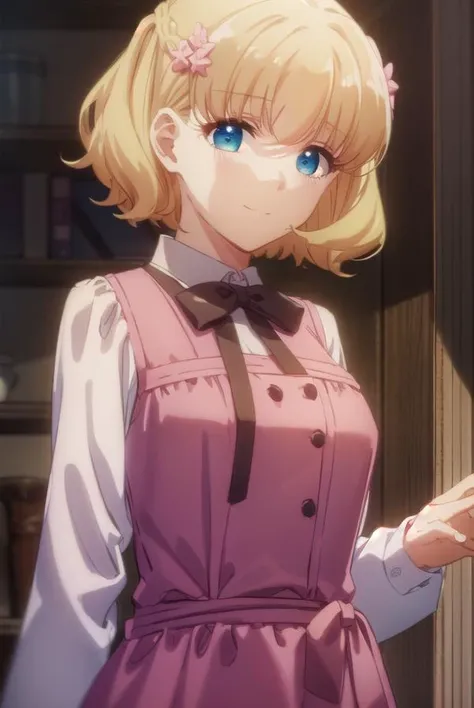mariacampbell, <lora:maria campbell s2-lora-nochekaiser:1>,
maria campbell, short hair, blue eyes, blonde hair, hair ornament, flower, hair flower, (parted bangs:1.5), smile,
BREAK shirt, long sleeves, dress, bow, white shirt, belt, bowtie, pink dress,
BREAK indoors,
BREAK looking at viewer, (cowboy shot:1.5),
BREAK <lyco:GoodHands-beta2:1>, (masterpiece:1.2), best quality, high resolution, unity 8k wallpaper, (illustration:0.8), (beautiful detailed eyes:1.6), extremely detailed face, perfect lighting, extremely detailed CG, (perfect hands, perfect anatomy),