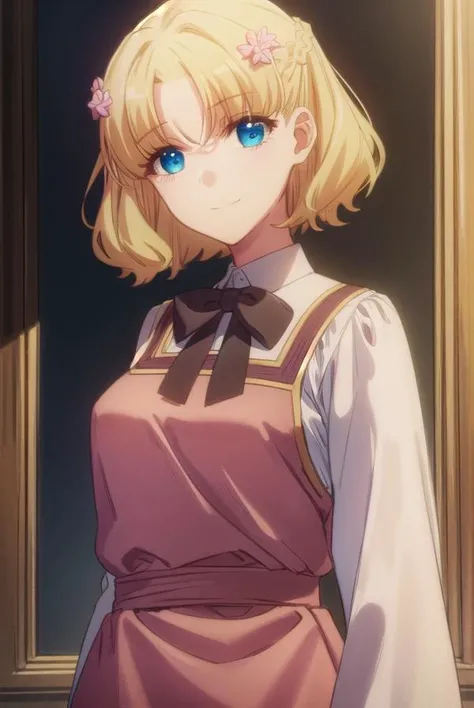 mariacampbell, <lora:maria campbell s2-lora-nochekaiser:1>,
maria campbell, short hair, blue eyes, blonde hair, hair ornament, flower, hair flower, (parted bangs:1.5), smile,
BREAK shirt, long sleeves, dress, bow, white shirt, belt, bowtie, pink dress,
BREAK indoors,
BREAK looking at viewer, (cowboy shot:1.5),
BREAK <lyco:GoodHands-beta2:1>, (masterpiece:1.2), best quality, high resolution, unity 8k wallpaper, (illustration:0.8), (beautiful detailed eyes:1.6), extremely detailed face, perfect lighting, extremely detailed CG, (perfect hands, perfect anatomy),