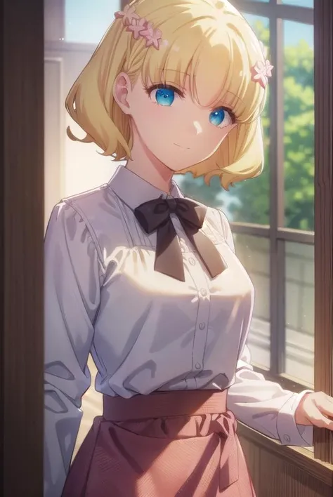 mariacampbell, <lora:maria campbell s2-lora-nochekaiser:1>,
maria campbell, short hair, blue eyes, blonde hair, hair ornament, flower, hair flower, (parted bangs:1.5), smile,
BREAK shirt, long sleeves, dress, bow, white shirt, belt, bowtie, pink dress,
BREAK indoors,
BREAK looking at viewer, (cowboy shot:1.5),
BREAK <lyco:GoodHands-beta2:1>, (masterpiece:1.2), best quality, high resolution, unity 8k wallpaper, (illustration:0.8), (beautiful detailed eyes:1.6), extremely detailed face, perfect lighting, extremely detailed CG, (perfect hands, perfect anatomy),