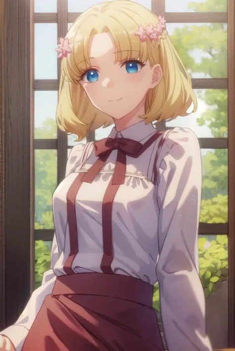 mariacampbell, <lora:maria campbell s2-lora-nochekaiser:1>,
maria campbell, short hair, blue eyes, blonde hair, hair ornament, flower, hair flower, (parted bangs:1.5), smile,
BREAK shirt, long sleeves, dress, bow, white shirt, belt, bowtie, pink dress,
BREAK indoors,
BREAK looking at viewer, (cowboy shot:1.5),
BREAK <lyco:GoodHands-beta2:1>, (masterpiece:1.2), best quality, high resolution, unity 8k wallpaper, (illustration:0.8), (beautiful detailed eyes:1.6), extremely detailed face, perfect lighting, extremely detailed CG, (perfect hands, perfect anatomy),
